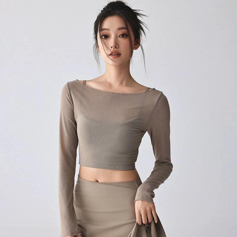 Sheer Mesh Bra - Women's Sheer Mesh Long Sleeve Yoga