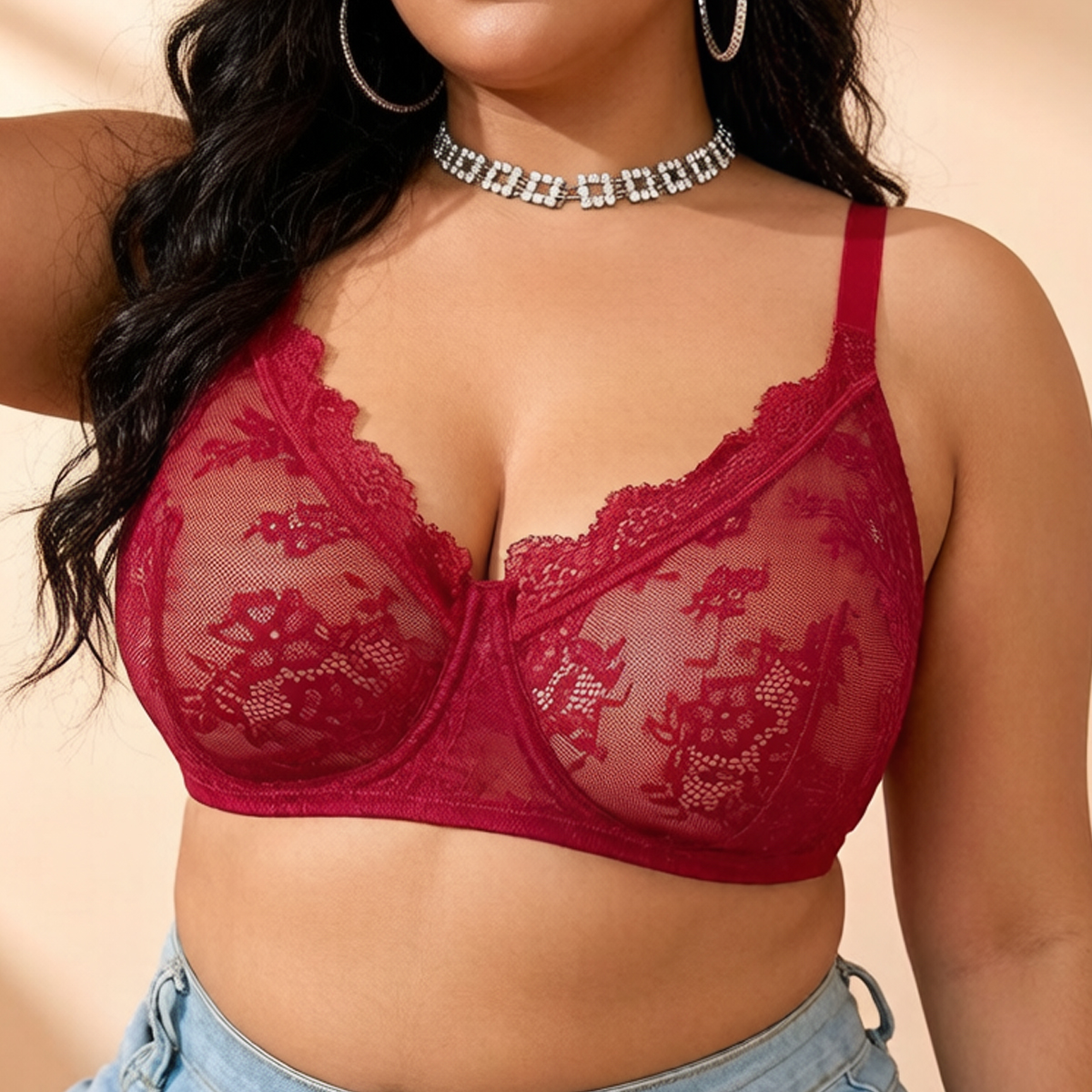Women Plus Size Red Lace Sheer - مراجعة Sheer Mesh Bra وسعره