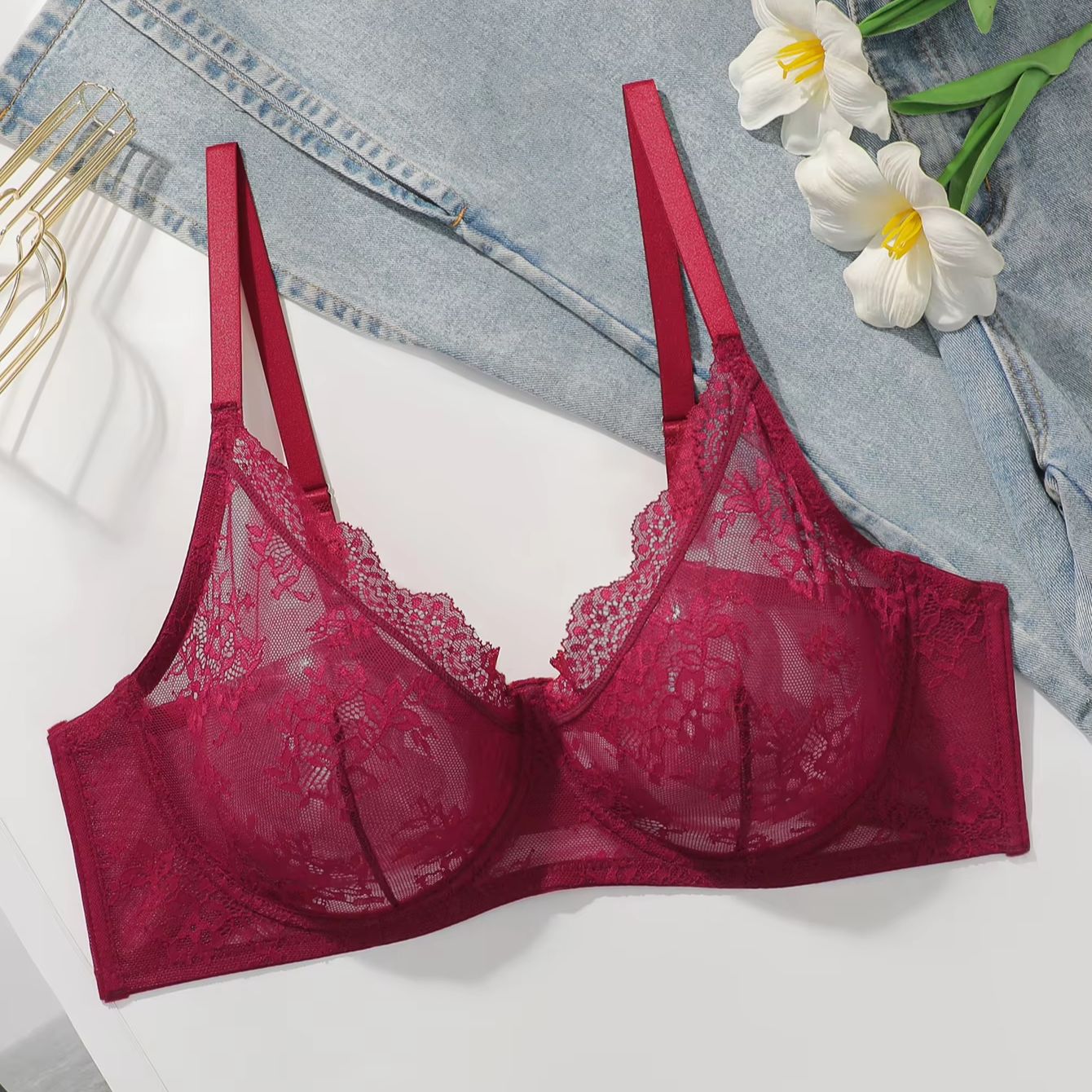 Women Plus Size Red Lace Sheer - مراجعة Sheer Mesh Bra وسعره